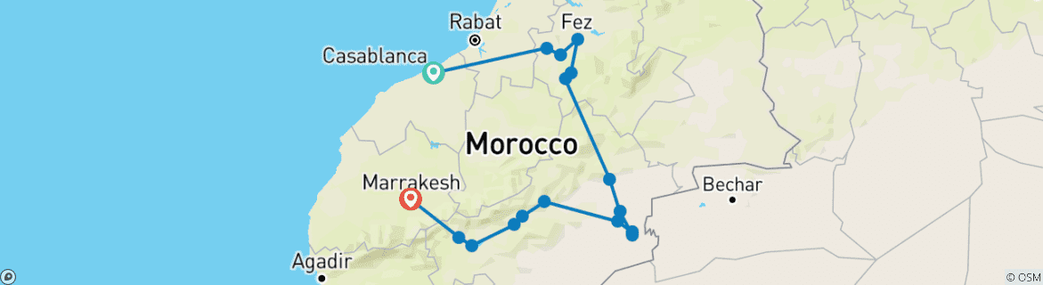 Image of a map showing the route of the tour