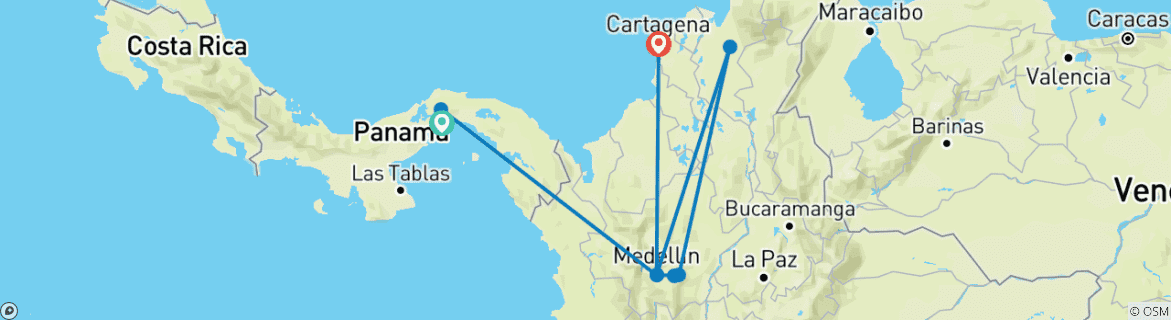 Carte du circuit Le canal de Panama, la Comuna 13 de Medellín et la ville fortifiée de Carthagène : un voyage privé à travers le Panama et la Colombie