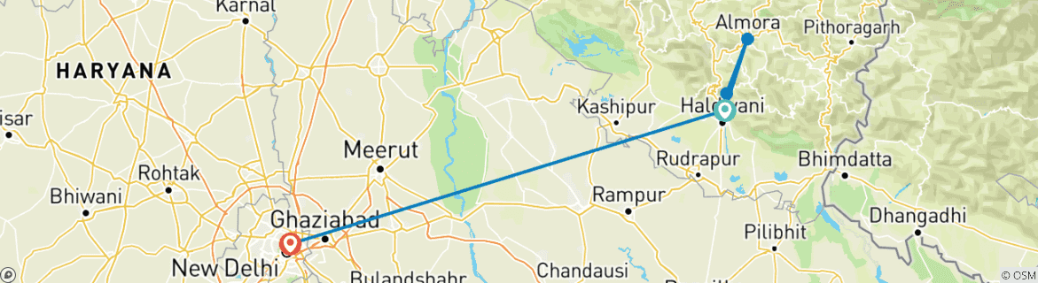 Image of a map showing the route of the tour
