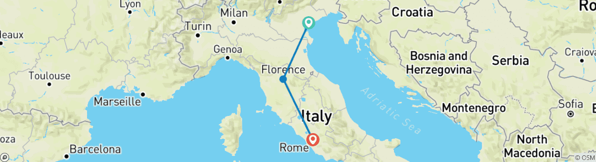 Image of a map showing the route of the tour