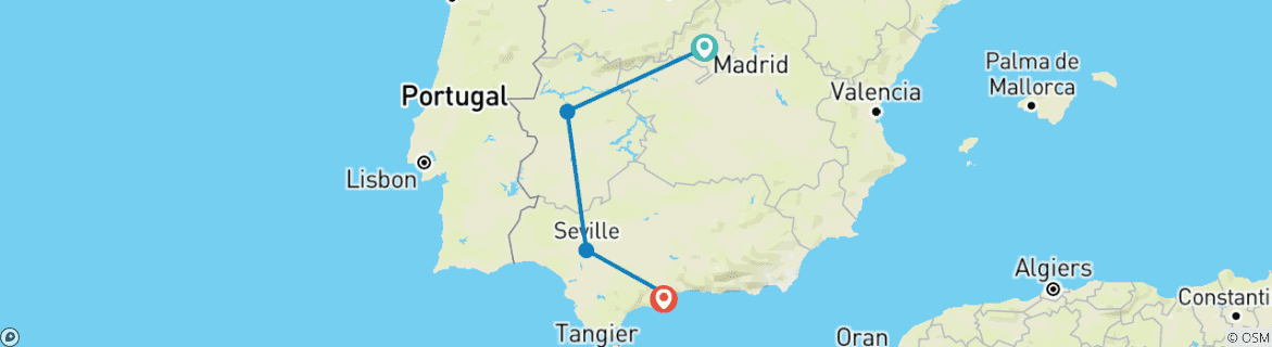 Karte von Madrid & Caceres nach Costa del Sol - 3 Tage