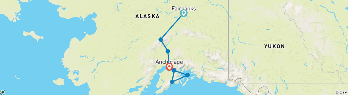 Image of a map showing the route of the tour