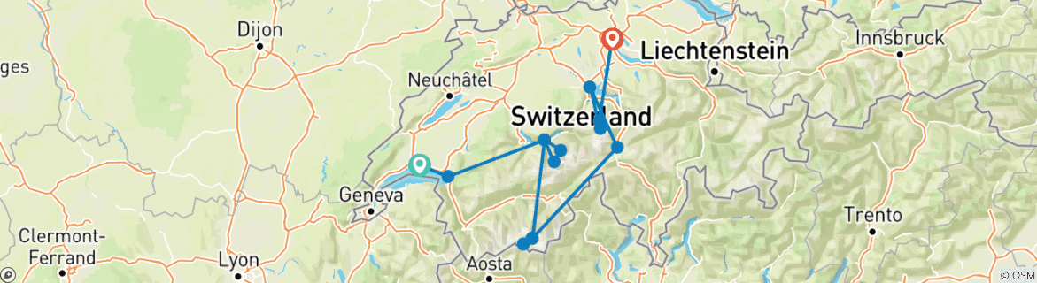 Image of a map showing the route of the tour