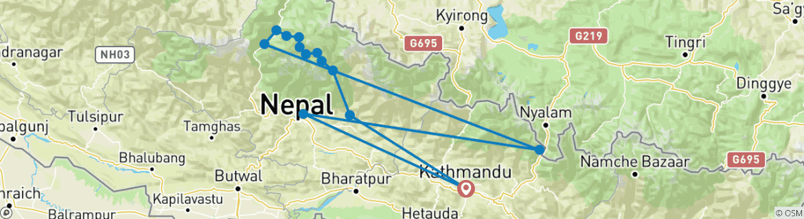 Image of a map showing the route of the tour