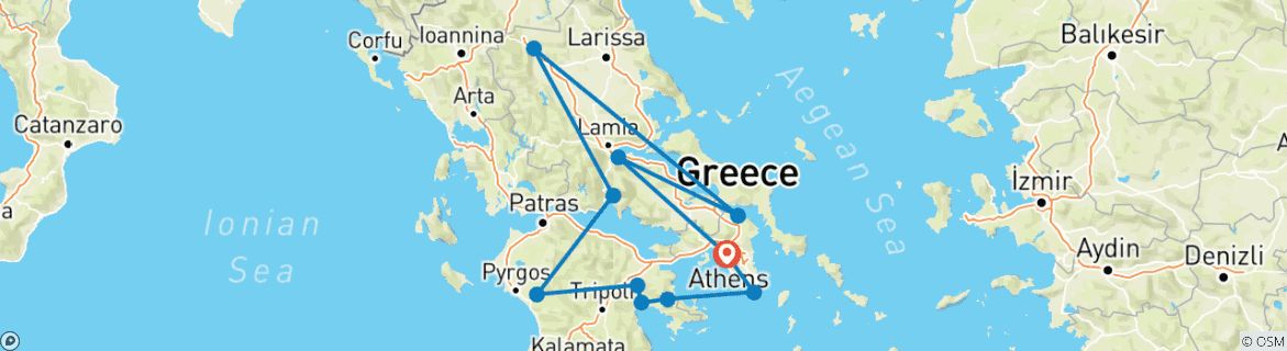 Image of a map showing the route of the tour
