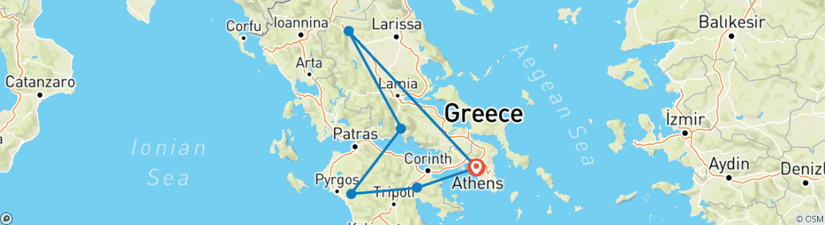 Image of a map showing the route of the tour