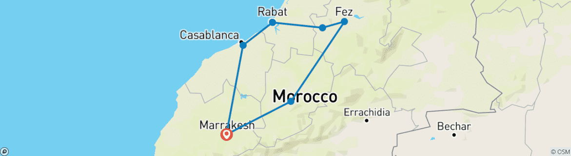 Image of a map showing the route of the tour