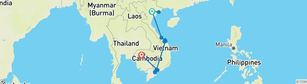 Karte von Von Hanoi nach Angkor (21 Destinationen)