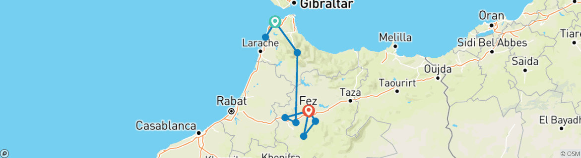 Image of a map showing the route of the tour