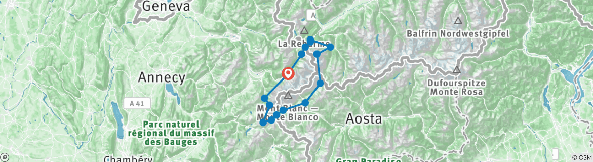 Image of a map showing the route of the tour