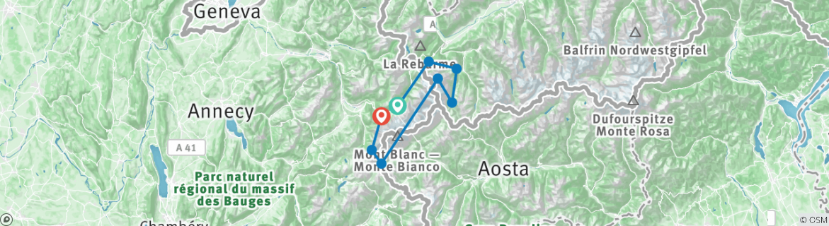 Image of a map showing the route of the tour