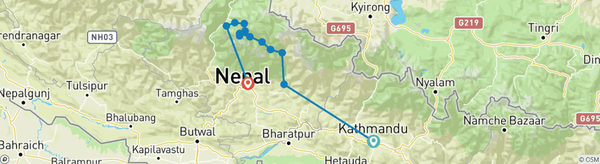 Image of a map showing the route of the tour
