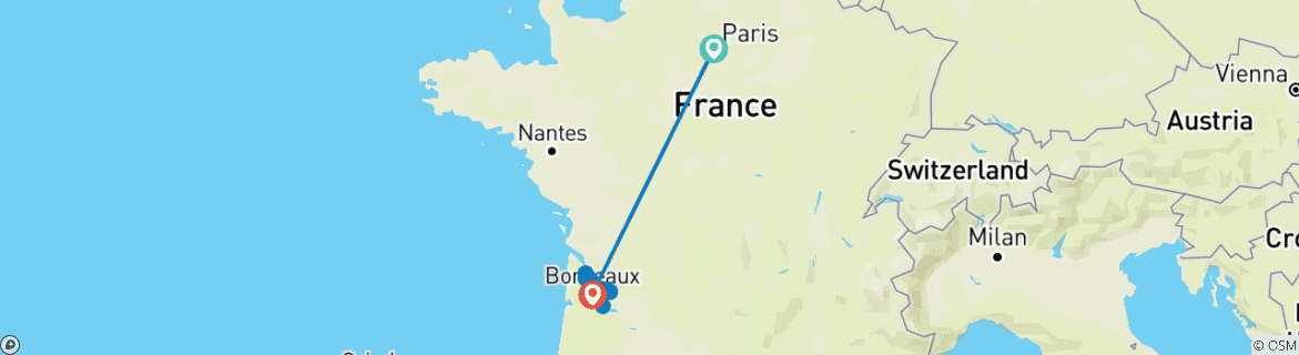 Carte du circuit Bordeaux Affair - une croisière sur le vin avec Highlights of Paris