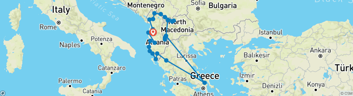 Karte von Vier Länder, eine Reise: Albanien, Griechenland, Mazedonien und Kovoso (14 Tage) (einschließlich Koman)