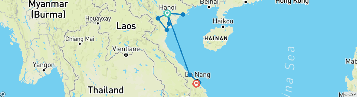 Image of a map showing the route of the tour