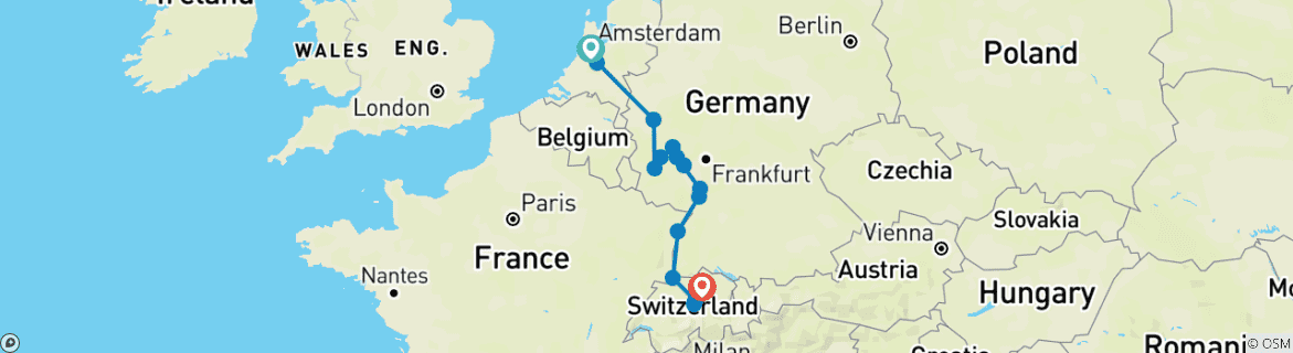 Image of a map showing the route of the tour