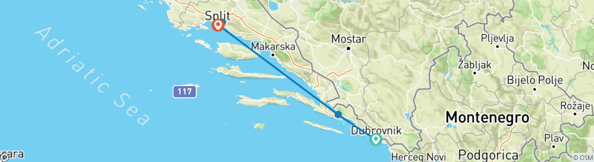 Carte du circuit Au départ de Dubrovnik : Circuit de 3 jours en Dalmatie centrale et méridionale. Principales destinations sur la côte adriatique. Visitez Split, Klis, Solin, Ston et Trsteno. Sites de l'UNESCO. Nombreuses villes anciennes, histoire et architecture. …