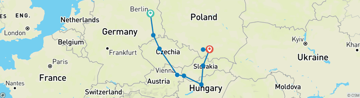 Image of a map showing the route of the tour