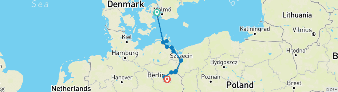 Image of a map showing the route of the tour