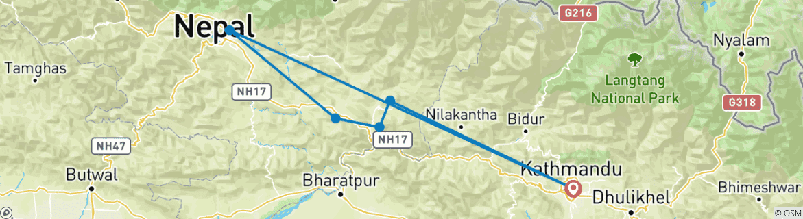 Image of a map showing the route of the tour