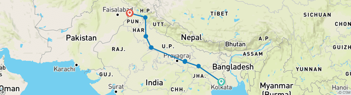 Image of a map showing the route of the tour