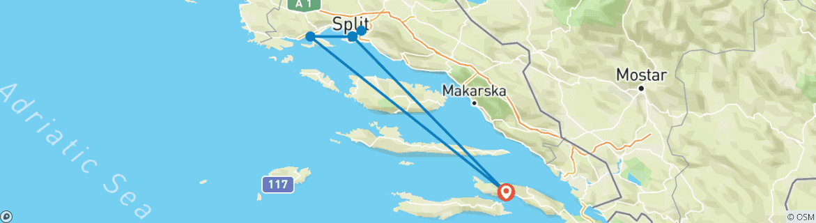 Carte du circuit Au départ d'Orebic : Circuit de 3 jours en Dalmatie centrale. Destinations incontournables de la côte adriatique. Visitez Split, Trogir, Klis et Solin. Sites de l'UNESCO. Nombreuses villes anciennes, histoire, architecture et culture. Profitez de la…