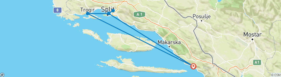 Carte du circuit Au départ de Drvenik : Circuit de 3 jours en Dalmatie centrale. Destinations emblématiques de la côte adriatique ! Visitez Split, Trogir, Klis et Salona. Sites de l'UNESCO et villes anciennes. Beaucoup d'histoire, d'architecture vénitienne et de vue…