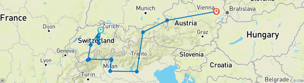 Kaart van 10 Daagse Privé Rondreis door Zwitserland Italië en Oostenrijk