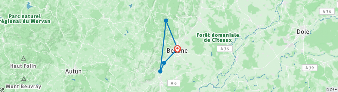 Image of a map showing the route of the tour