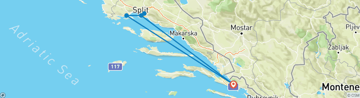 Carte du circuit Au départ de Ston : Circuit de 3 jours en Dalmatie centrale. Les destinations incontournables de la côte adriatique ! Visitez Split, Trogir, Klis et Salona. Sites de l'UNESCO et villes anciennes. Beaucoup d'histoire, d'architecture vénitienne et de …