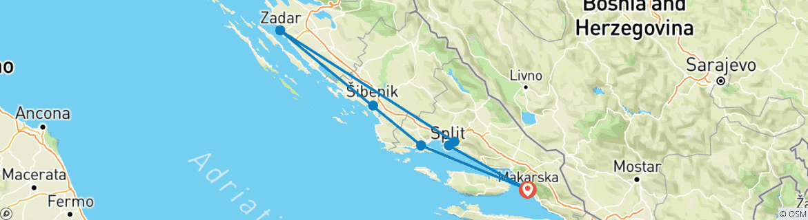 Image of a map showing the route of the tour