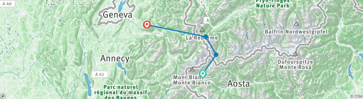 Image of a map showing the route of the tour