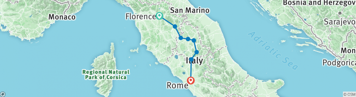 Image of a map showing the route of the tour