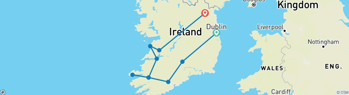 Image of a map showing the route of the tour