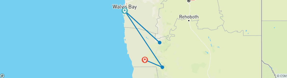 Carte du circuit CIRCUIT CLASSIQUE DE 7 JOURS EN NAMIBIE POUR LES SAFARIS ET LA PÊCHE AU MOLA MOLA