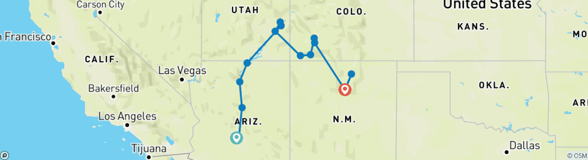 Image of a map showing the route of the tour