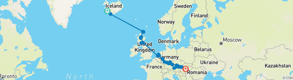 Image of a map showing the route of the tour
