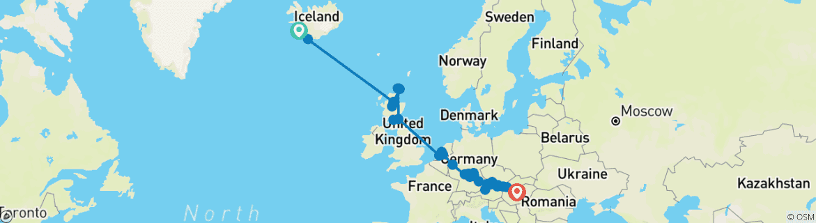 Image of a map showing the route of the tour