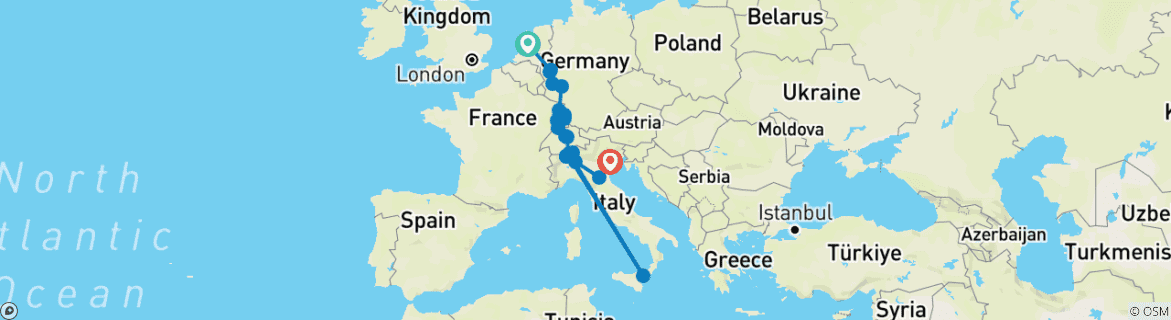 Karte von Rhein und Mosel mit Schweizer und italienischen Seen Amsterdam → Venedig (2027)