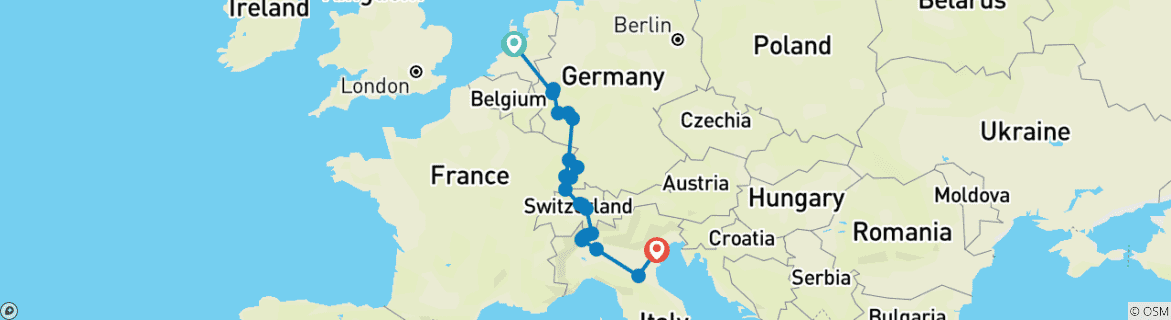 Carte du circuit Le Rhin et la Moselle, avec les lacs suisses et italiens : Amsterdam - Venise (2027)