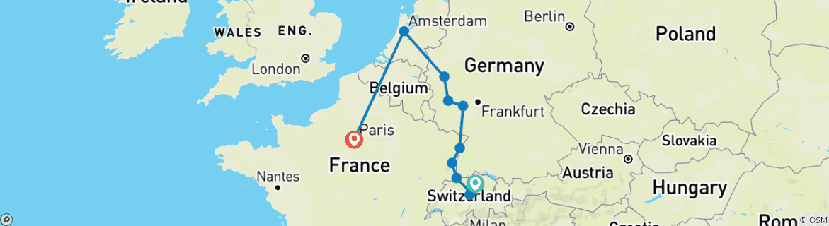 Image of a map showing the route of the tour