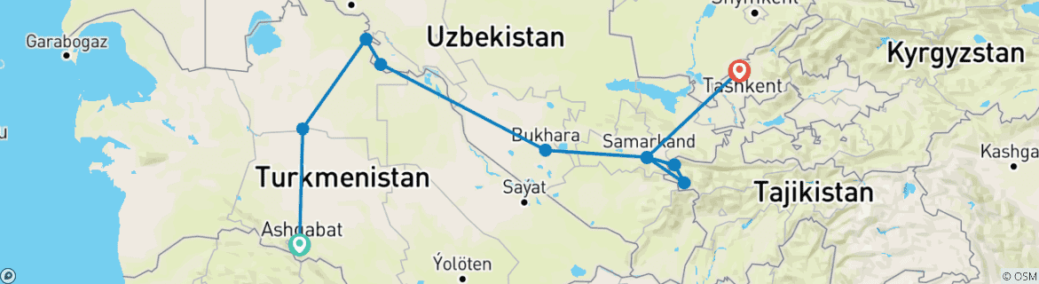 Image of a map showing the route of the tour