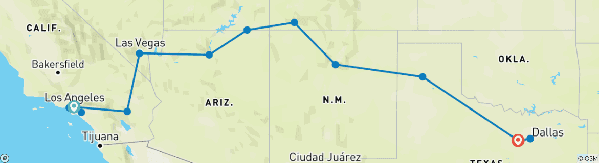 Image of a map showing the route of the tour