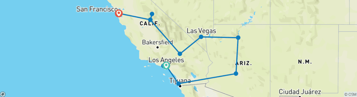 Image of a map showing the route of the tour