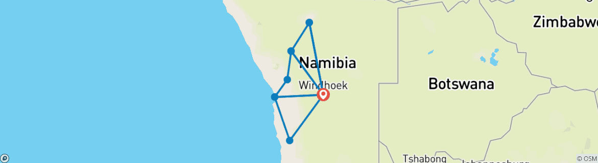 Image of a map showing the route of the tour