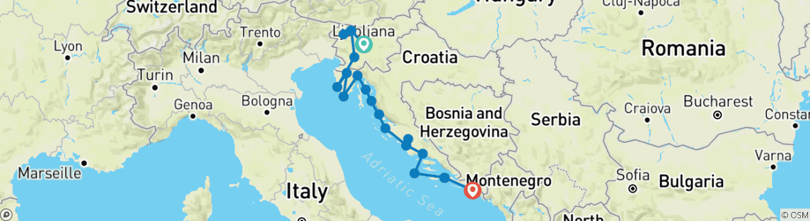 Image of a map showing the route of the tour