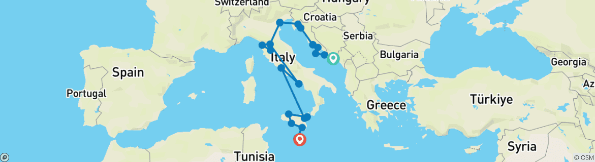 Image of a map showing the route of the tour