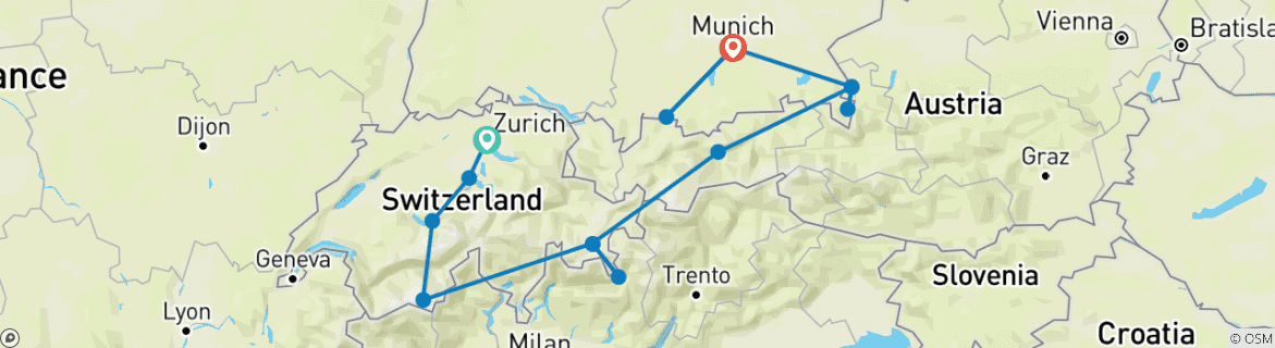 Carte du circuit Découverte des Alpes en train : Zurich - Munich (2027)