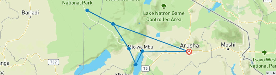 Image of a map showing the route of the tour