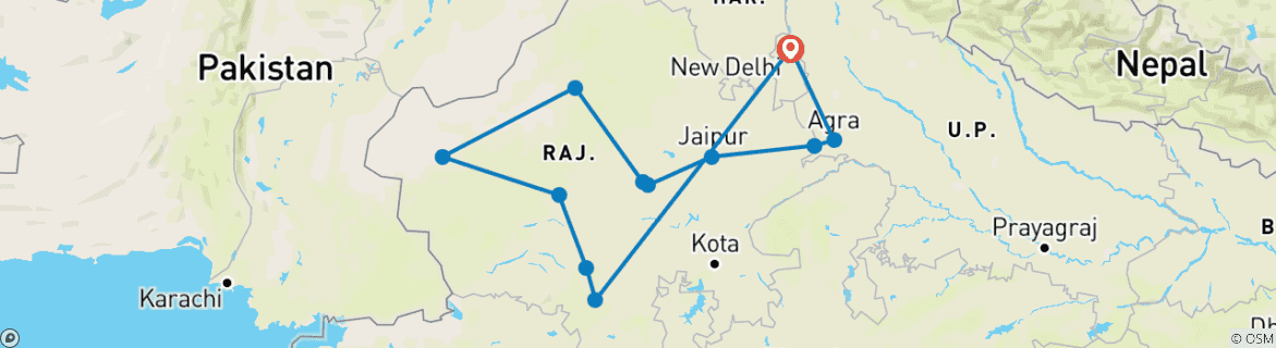 Kaart van Rajasthan Agra Delhi Tour